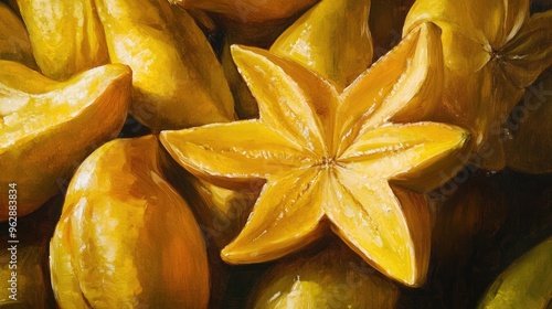 Close up oil painting of star fruit showcasing intricate details and textures of the fruit photo