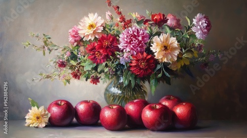 Wallpaper Mural Oil painting depicting a still life arrangement featuring a bouquet of colorful flowers in a vase alongside red apples Torontodigital.ca