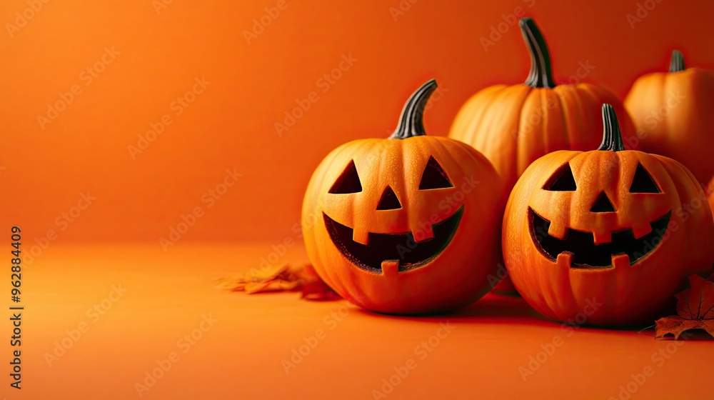 Cheerful orange background with smiling jack-o'-lanterns Cheerful orange background with smiling jack-o'-lanterns