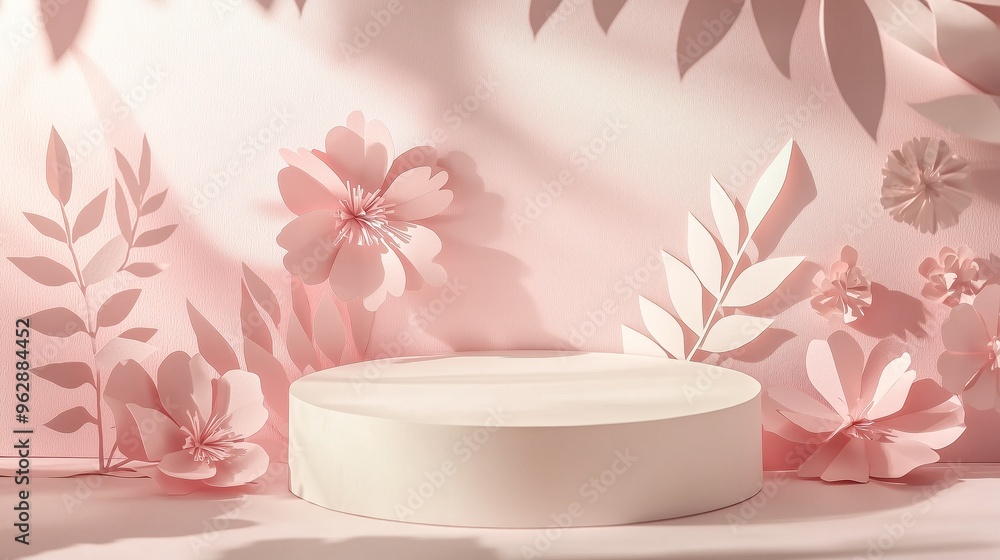 A delicate 3D papercraft podium with hand-cut floral shapes surrounding it, set against a soft pastel backdrop with subtle shadows A delicate 3D papercraft podium with hand-cut floral shapes surrounding it, set against a soft pastel backdrop with subtle shadows