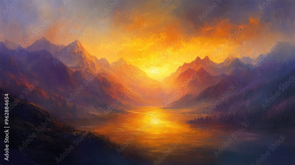 Fototapeta premium Oil painting depicting a stunning sunrise over a mountain range