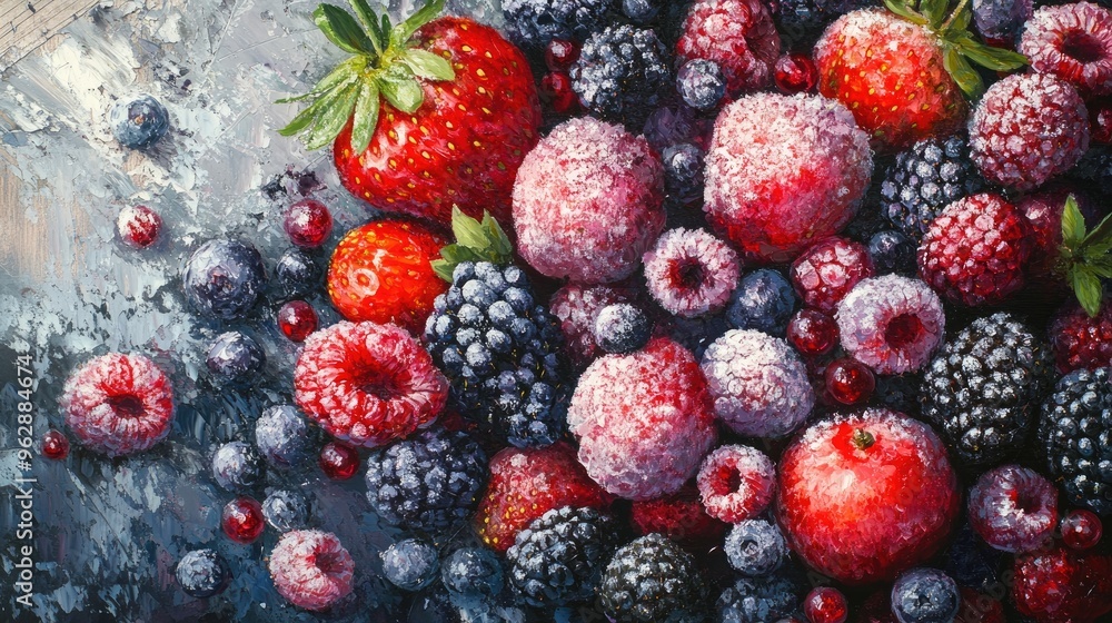 Oil painting depicting a blend of mixed berries and frozen fruit Oil painting depicting a blend of mixed berries and frozen fruit