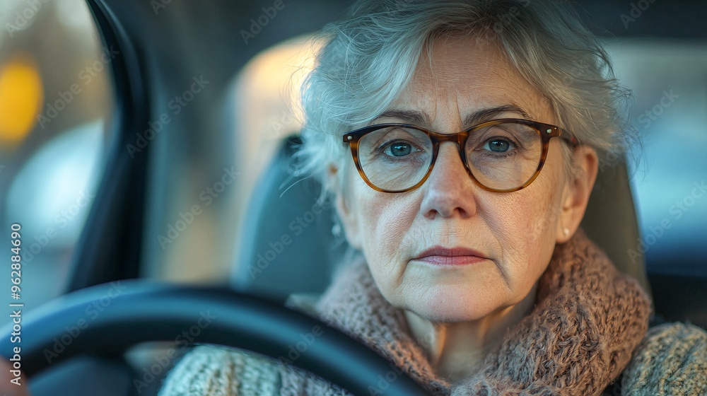 Confident Senior Woman Driving Car with Copy Space in Foreground Confident Senior Woman Driving Car with Copy Space in Foreground