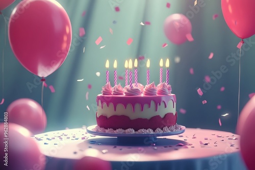 Pink birthday cake with candles and balloons photo