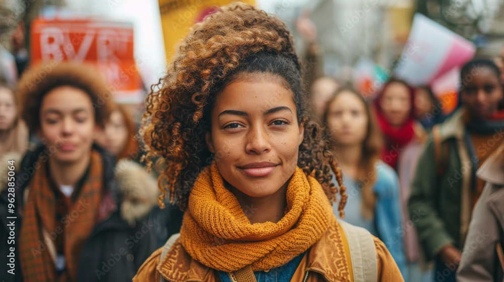 Young woman smiling at protest, surrounded by diverse crowd, showcasing unity and activism. Young woman smiling at protest, surrounded by diverse crowd, showcasing unity and activism.