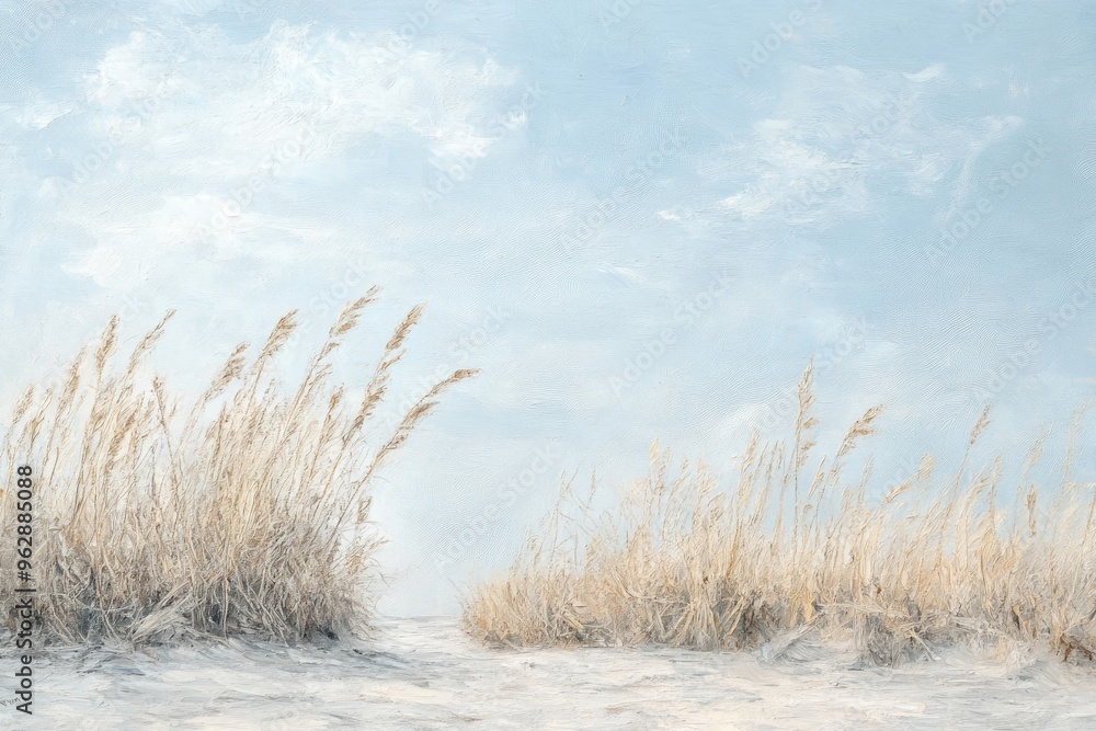 Fototapeta premium Oil painting depicting dry yellow gray reeds against a sky backdrop showcasing a serene natural scene with subtle color tones
