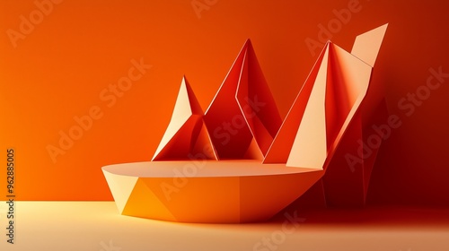 A sculptural papercraft podium with angular folds and abstract cut-out shapes, set against a bold orange backdrop with soft light photo