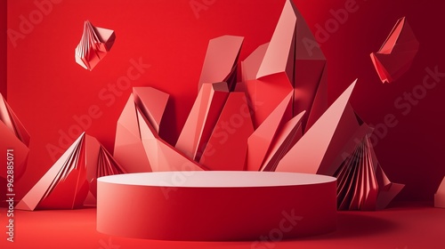 A sleek, angular papercraft podium with folded geometric shapes, surrounded by abstract floating cut-out forms on a bold red background photo