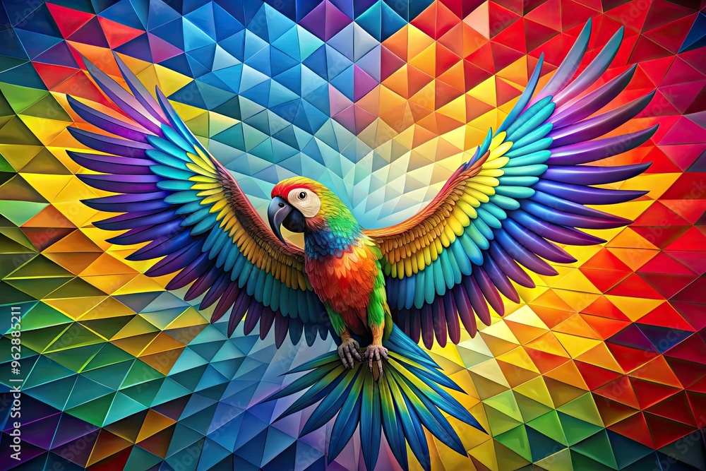 Fototapeta premium rainbow feathered parrot bursting out of geometric vector patterns psychedelic