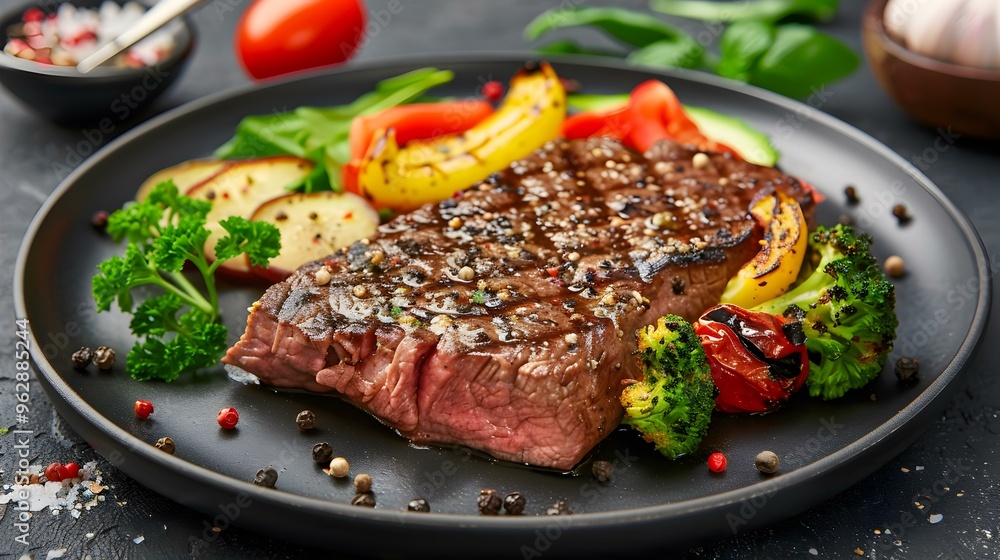 Juicy Grilled Steak with Roasted Vegetables on a Black Plate Juicy Grilled Steak with Roasted Vegetables on a Black Plate