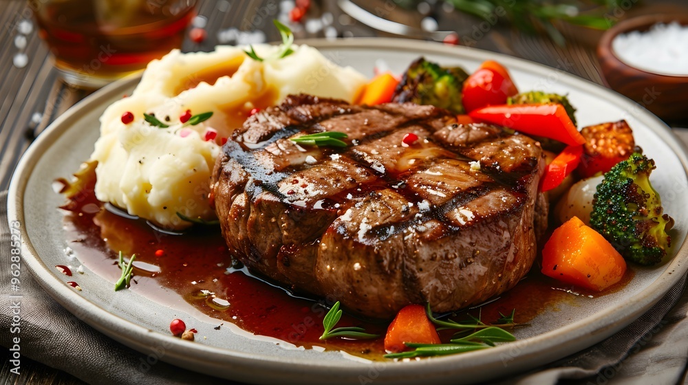 Grilled Steak with Mashed Potatoes and Roasted Vegetables Grilled Steak with Mashed Potatoes and Roasted Vegetables