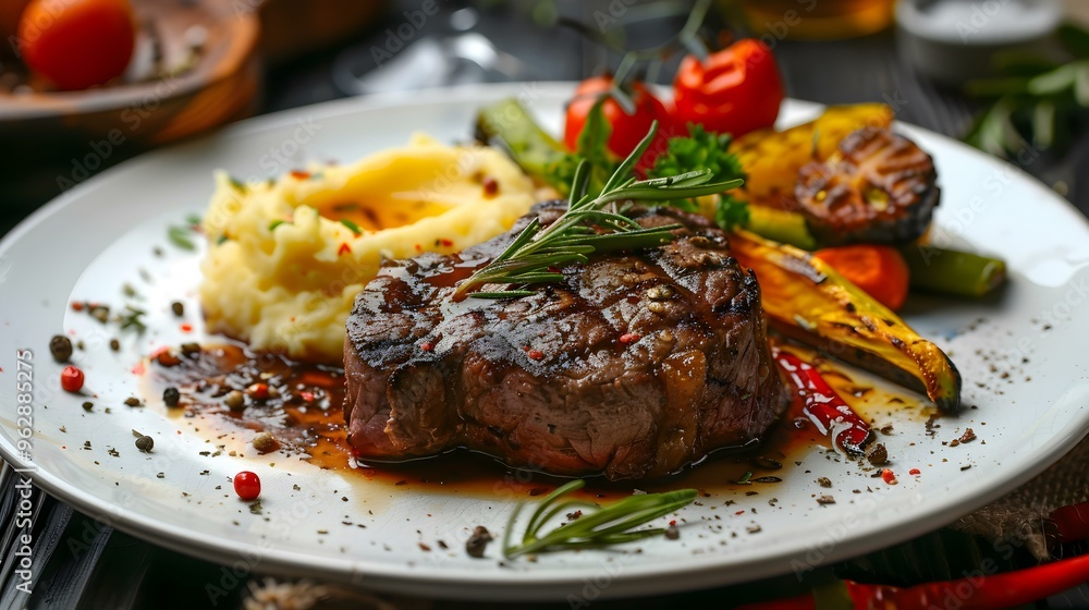 Grilled Steak with Mashed Potatoes and Roasted Vegetables