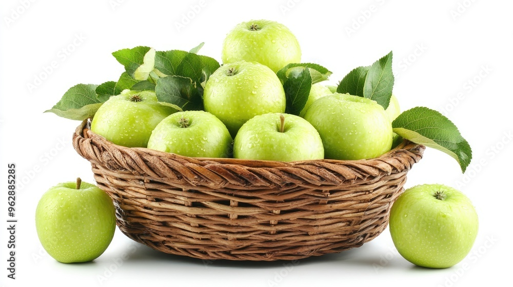 Fresh Green Apples in a Wicker Basket with Leaves Fresh Green Apples in a Wicker Basket with Leaves