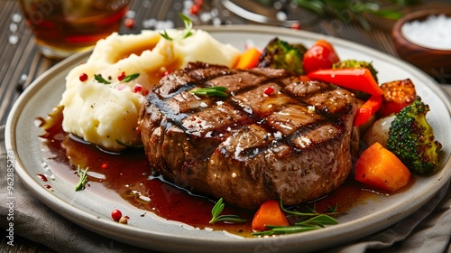 Grilled Steak with Mashed Potatoes and Roasted Vegetables