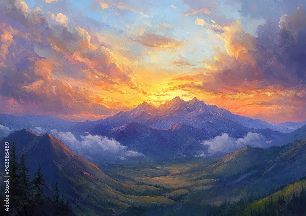 Obraz premium Oil painting showcasing a dramatic sunset over a majestic mountain range with clouds highlighting the beauty of nature and mountainous landscapes