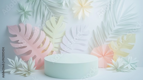 A soft, textured papercraft podium with pastel colors, surrounded by delicate cut-out paper leaves and flowers on a white backdrop