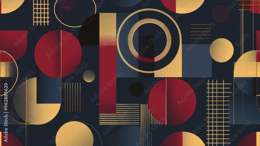 Abstract Bauhaus style seamless pattern with geometric shapes featuring rectangles, circles and lines in navy, gold and burgundy Abstract Bauhaus style seamless pattern with geometric shapes featuring rectangles, circles and lines in navy, gold and burgundy