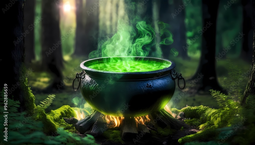 An ancient cauldron bubbling with glowing green potion, set in a dark forest An ancient cauldron bubbling with glowing green potion, set in a dark forest