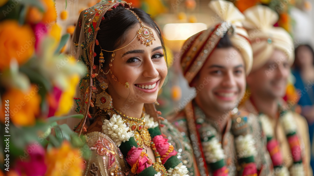 Beautiful Indian bride smiling at her wedding ceremony, adorned in traditional attire with floral decorations. Beautiful Indian bride smiling at her wedding ceremony, adorned in traditional attire with floral decorations.