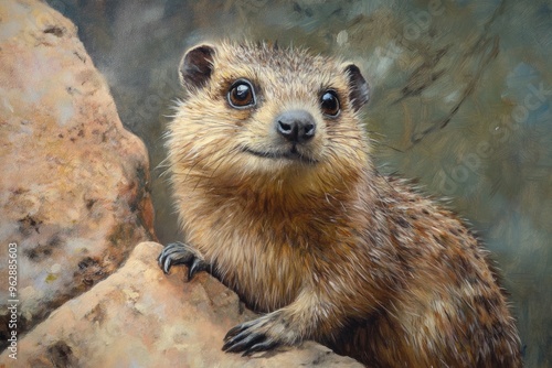 Portrait of an adorable rock hyrax depicted in an oil painting showcasing its unique features and charm