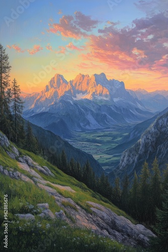 Oil painting depicting a mountain view at sunset with a scenic backdrop of the Dachstein Massif and surrounding peaks