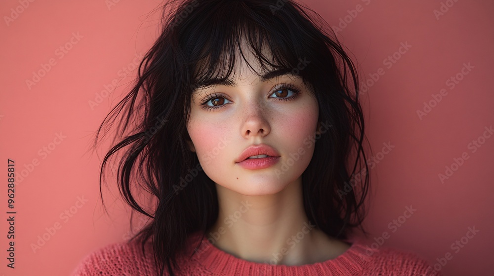 woman with black hair and bangs poses for the camera against an isolated pastel pink background, wearing a red sweater, looking directly at the camera woman with black hair and bangs poses for the camera against an isolated pastel pink background, wearing a red sweater, looking directly at the camera