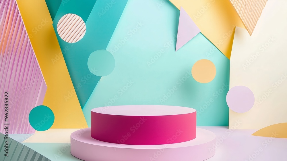 A geometric papercraft podium with angular folds and vibrant colors, surrounded by abstract floating cut-outs on a pastel background A geometric papercraft podium with angular folds and vibrant colors, surrounded by abstract floating cut-outs on a pastel background