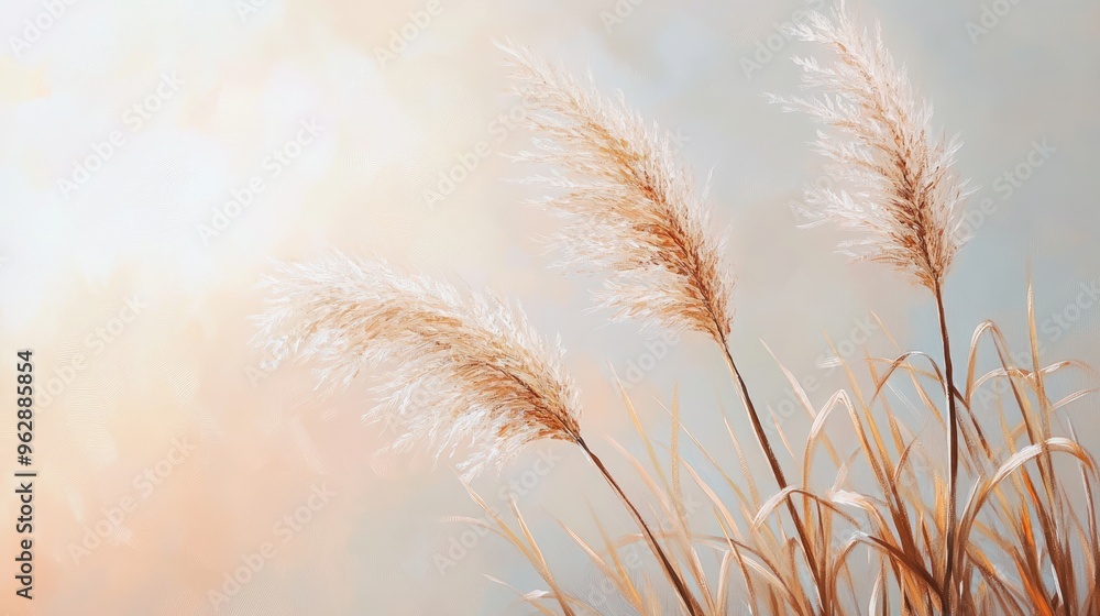 Abstract oil painting featuring soft plants with pampas grass and dry reeds in a boho style showcasing fluffy tall grass against a blurred bokeh on a light background Abstract oil painting featuring soft plants with pampas grass and dry reeds in a boho style showcasing fluffy tall grass against a blurred bokeh on a light background