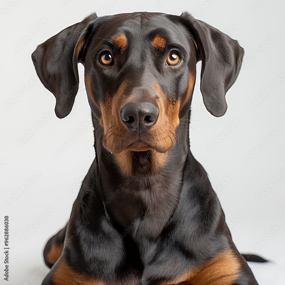 Close-up portrait of a black and tan dog with big brown eyes, looking at the camera with a curious expression. Close-up portrait of a black and tan dog with big brown eyes, looking at the camera with a curious expression.