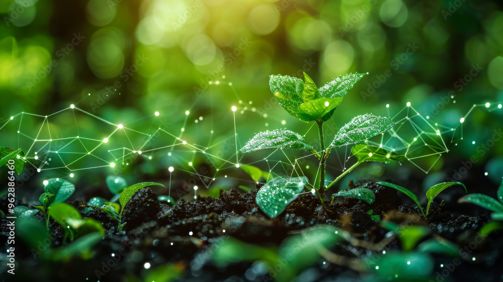 Green growing plant with rotating icons. Concept of smart farming, gardening and ecology. Green growing plant with rotating icons. Concept of smart farming, gardening and ecology.