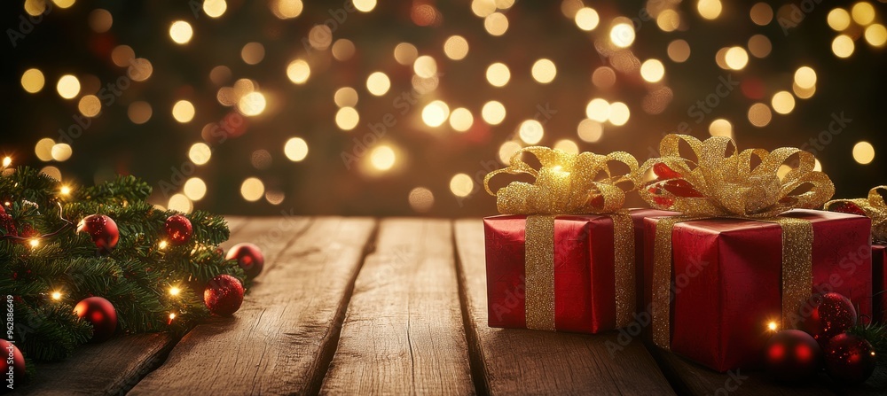 Red and gold Christmas presents with bokeh lights and wooden table, copy space for festive banner Red and gold Christmas presents with bokeh lights and wooden table, copy space for festive banner