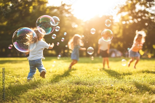 Fototapeta Naklejka Na Ścianę i Meble -  Happy children running and playing with soap bubbles in park at sunset