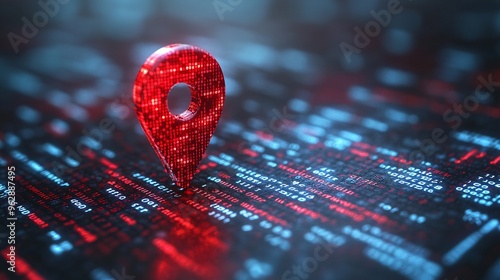Digital Location Pin Icon with Binary Code Background - Frontal Close-Up Shot