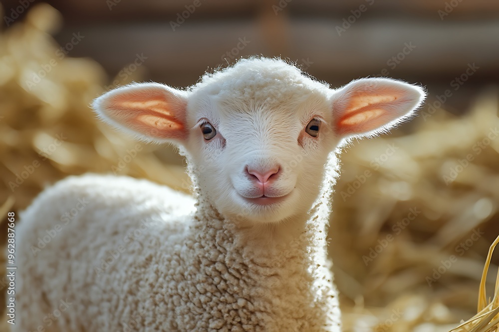 Cute lamb standing on straw bedding inside barn Cute lamb standing on straw bedding inside barn