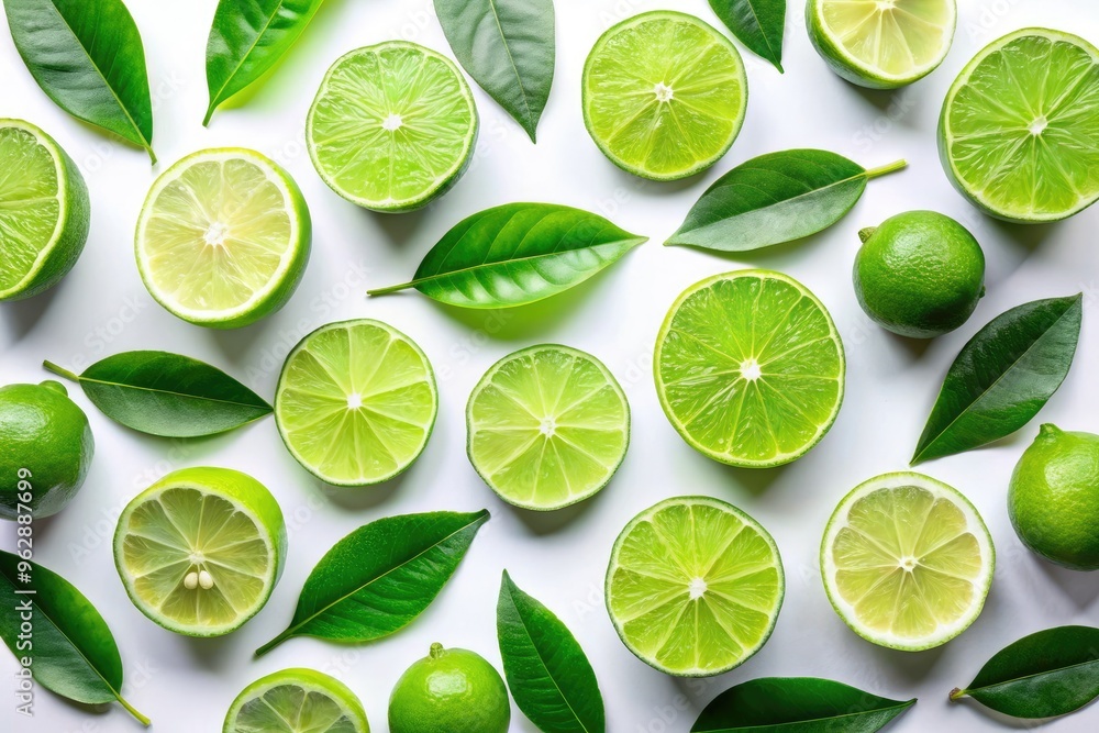 fresh lime leaves on white background, vibrant green, crisp details, graphic composition, bold contrast, modern style, energizing atmosphere, freshness, simplicity fresh lime leaves on white background, vibrant green, crisp details, graphic composition, bold contrast, modern style, energizing atmosphere, freshness, simplicity