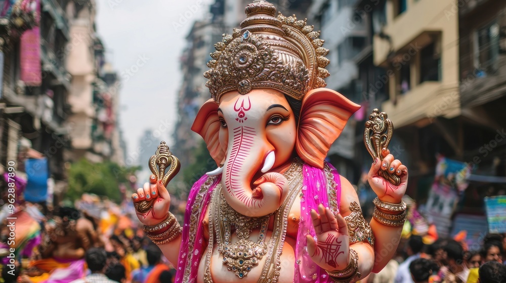 Ganesh Chaturthi celebrations in Mumbai. A large crowd gathers around a statue of Lord Ganesha. Devotees carry Ganesh Idol for immersion Ganesh Chaturthi celebrations in Mumbai. A large crowd gathers around a statue of Lord Ganesha. Devotees carry Ganesh Idol for immersion