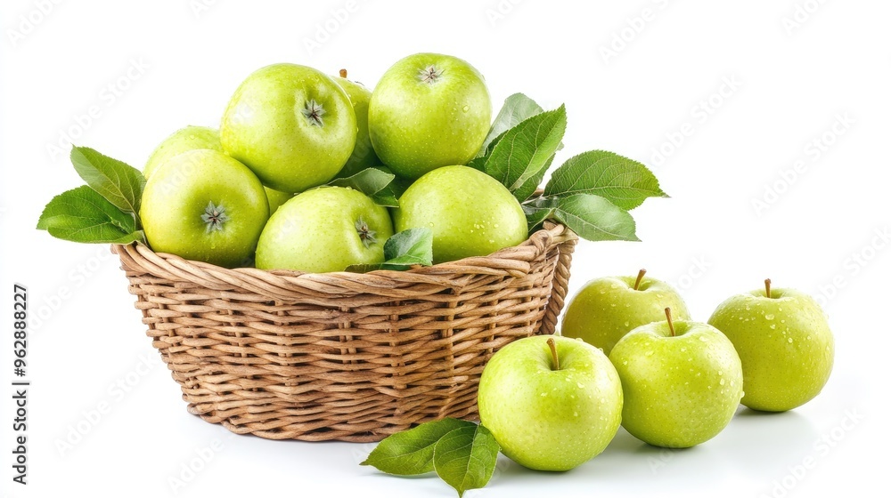 Fresh Green Apples in a Wicker Basket with Leaves, Close-up View of Ripe Fruit, Fresh Green Apples in a Wicker Basket with Leaves, Close-up View of Ripe Fruit,