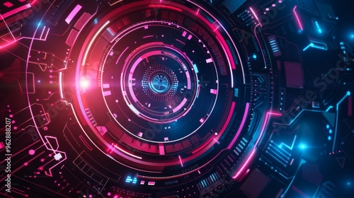 A colorful, glowing, and abstract image of a circle. The image has a futuristic and technological vibe, with a mix of red, blue, and purple colors.