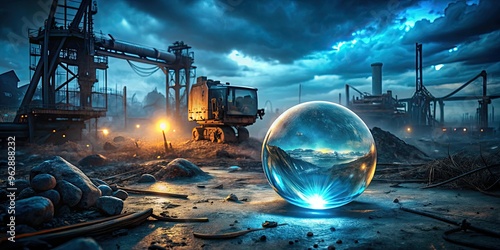 recyclable glass orb glowing softly in darkness amidst abandoned machinery in post-apocalyptic landscape with eerie ambiance in cold blue tones photo