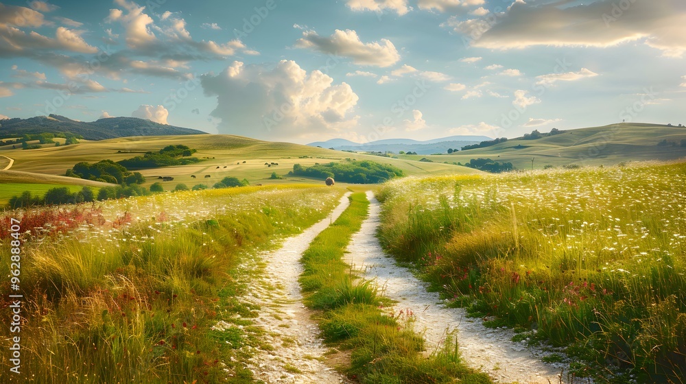 Fototapeta premium Scenic Countryside Road with Rolling Hills and Green Grass