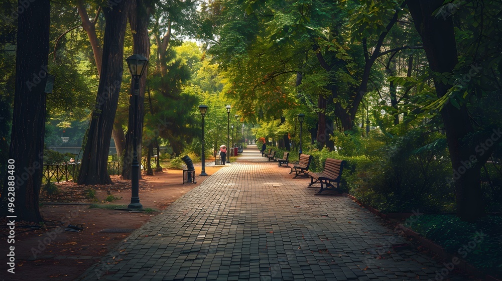 Serene Park Pathway with Cobblestone Walkway and Benches Serene Park Pathway with Cobblestone Walkway and Benches
