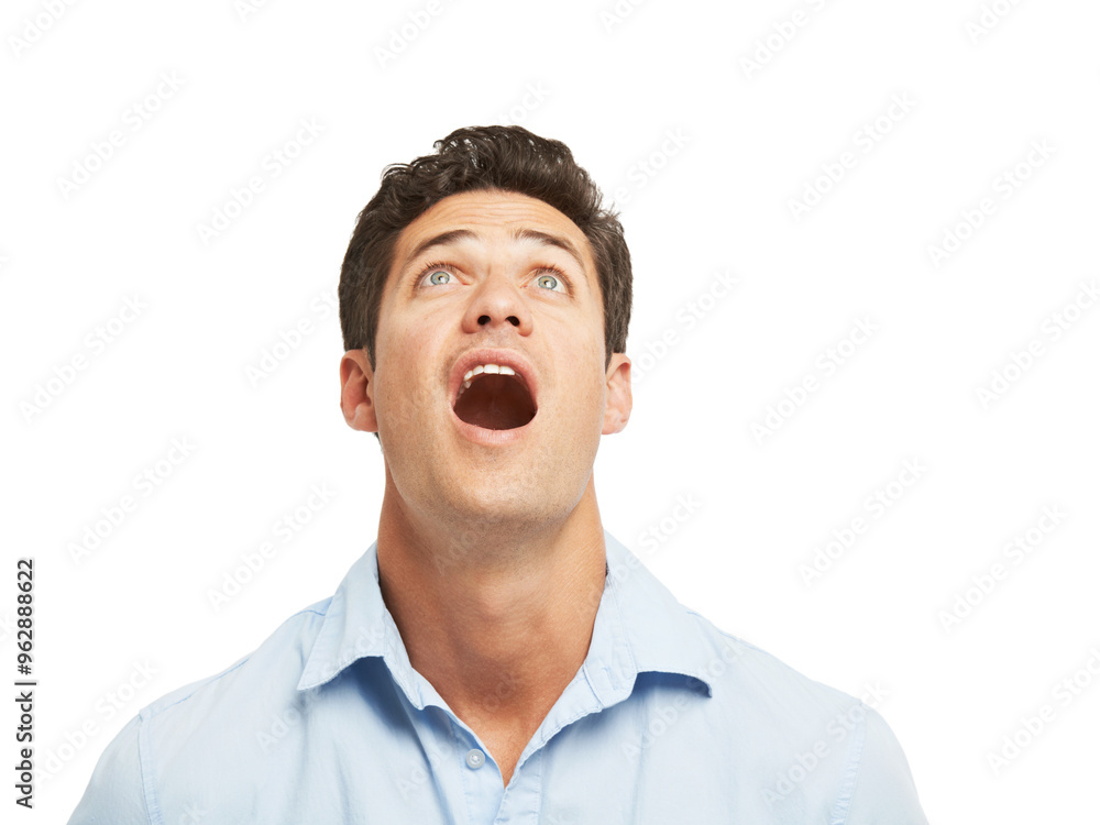 Man, surprise and looking up with shock for news, alert or notification on a white studio background. Young, male person or shocked model with open mouth for wow, gasp or disbelief on mockup space Man, surprise and looking up with shock for news, alert or notification on a white studio background. Young, male person or shocked model with open mouth for wow, gasp or disbelief on mockup space