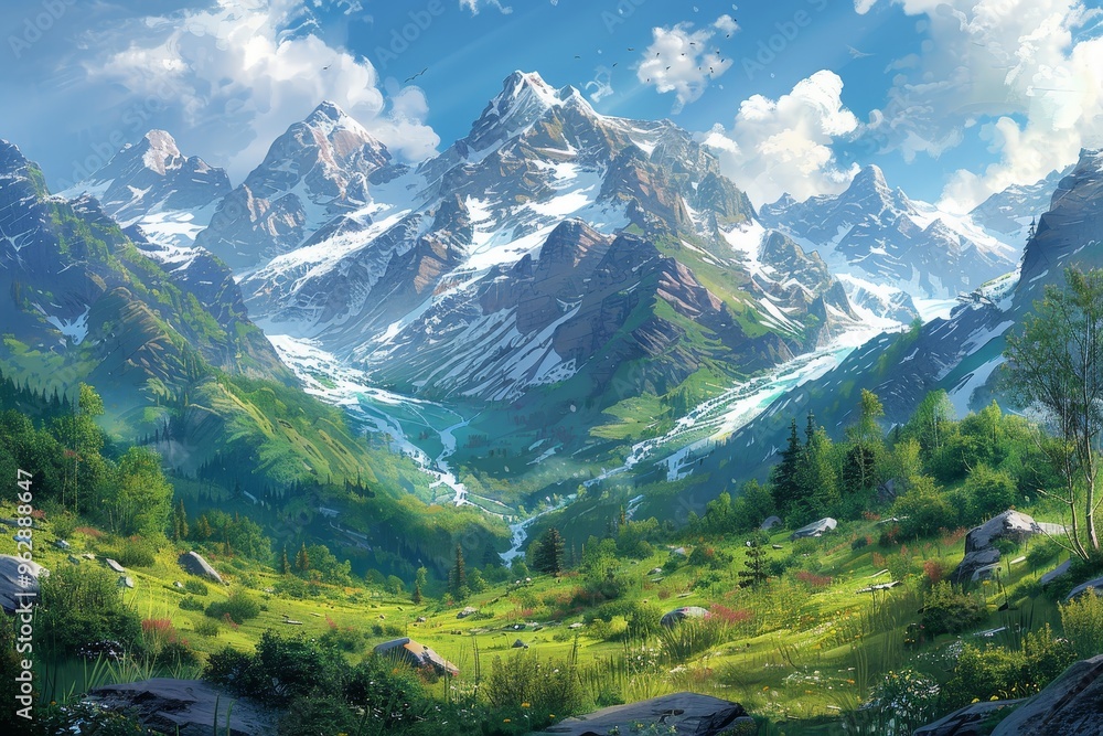 Nature’s Serenity Snowy Mountain Peaks and Fertile Valleys Nature’s Serenity Snowy Mountain Peaks and Fertile Valleys