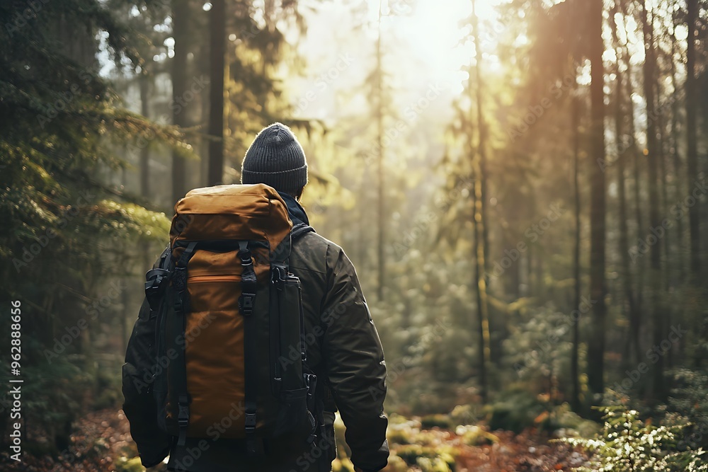 Naklejka premium Hiker admiring sunlight through forest trees in autumn