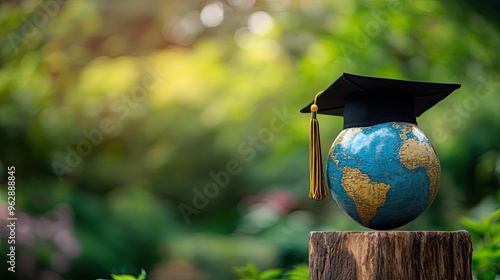 Earth globe and graduation cap on wooden block with blur background