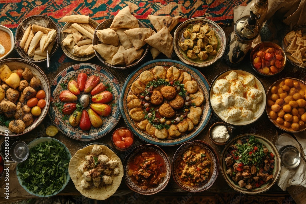 Variety of delicious dishes served on a table with an oriental tablecloth Variety of delicious dishes served on a table with an oriental tablecloth