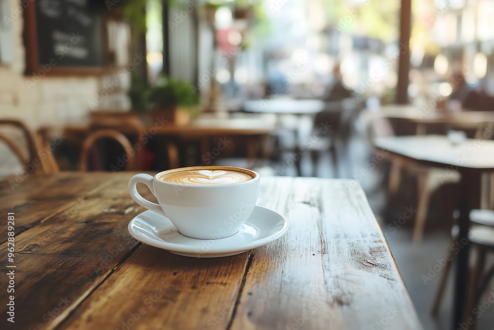Cup of cappuccino with latte art on wooden table in cafe Cup of cappuccino with latte art on wooden table in cafe