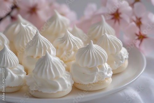 Delicious white meringues forming a circle on white plate