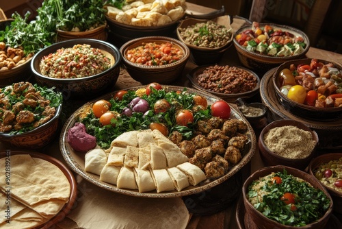 Variety of food displayed on table during ramadan iftar dinner in morocco photo