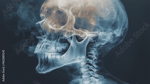 A detailed X-ray image of a human skull showcasing jaw structure and cervical vertebrae against a dark background photo